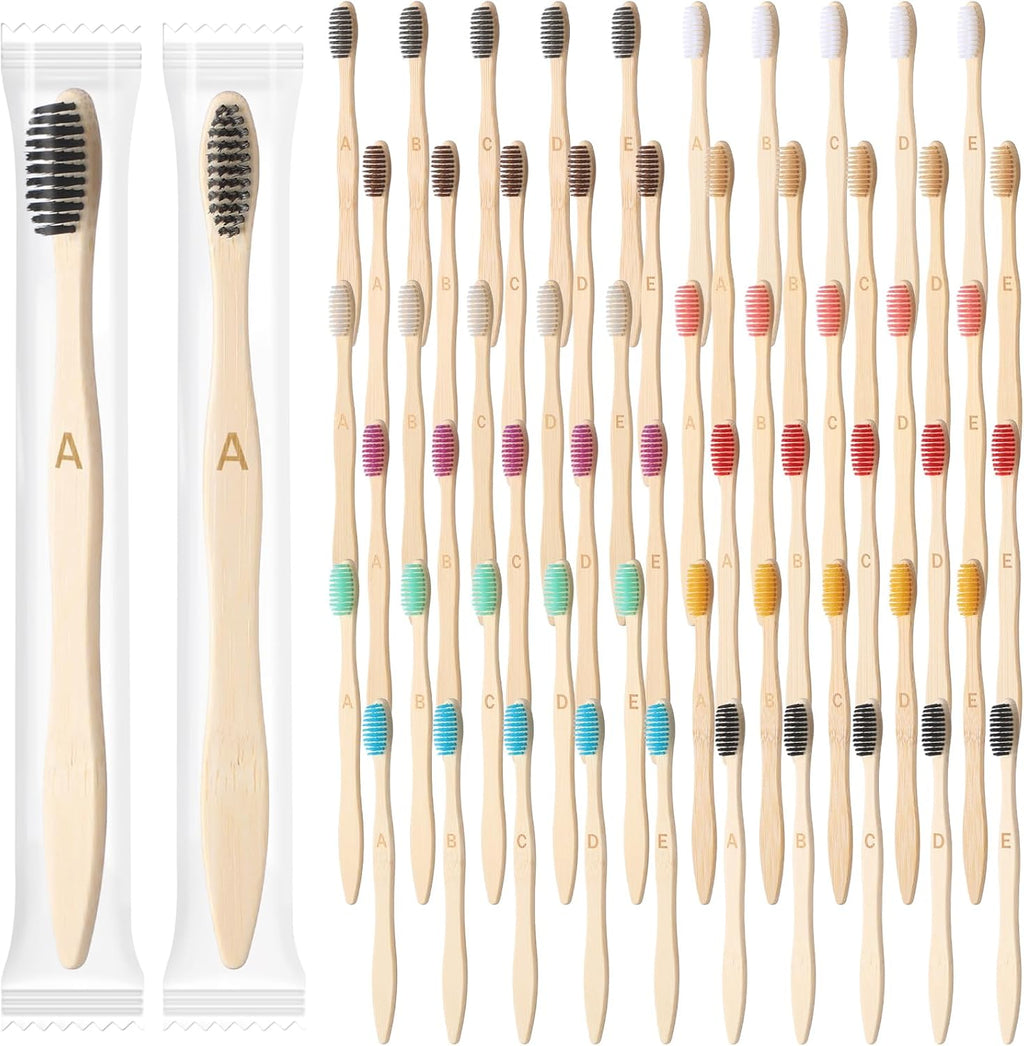 Sieral 120 Pcs 120 Pcs Bamboo Toothbrushes Bulk Soft Bristle Individually Wrapped Travel Toothbrush Eco Friendly Natural Wooden Tooth Brush for Kid Adult Home Travel Use, 7.5 Inch, 12 Colors (Letter)