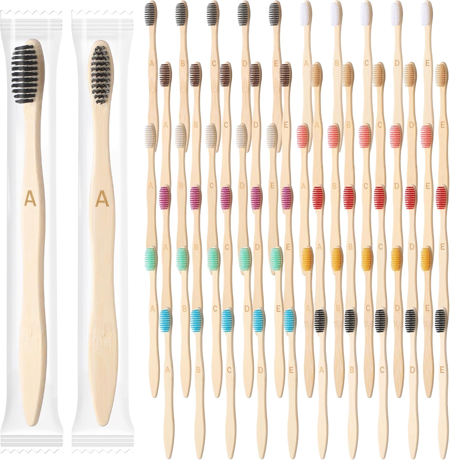 Sieral 120 Pcs 120 Pcs Bamboo Toothbrushes Bulk Soft Bristle Individually Wrapped Travel Toothbrush Eco Friendly Natural Wooden Tooth Brush for Kid Adult Home Travel Use, 7.5 Inch, 12 Colors (Letter)