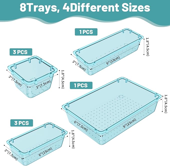 WOWBOX 8 PCS Plastic Drawer Organizer Set, 4 Sizes Desk Drawer Organization and Storage Containers for Makeup, Cosmetics, Jewelry and Gadgets in Kitchen, Bathroom, Bedroom, Office, Clear Sea Blue