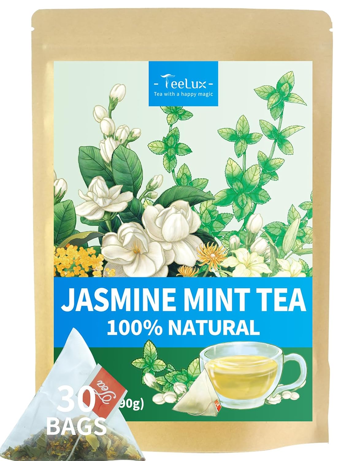TeeLux Mint Jasmine Tea, 3g/bag, Mint with Jasmine, Lily, Osmanthus, Chrysanthemum, Fresh & Refreshing Flavor, Caffeine Free, 30 Count