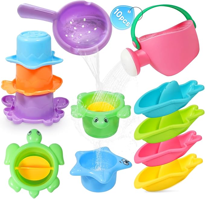 10PCS Baby Bath Toys for Kids Ages 1-3 – Easy-to-Clean Bathtub & Pool Water Toys for Toddlers 1-3 and Babies 12-18 Months, with Floating Boats, Stacking Cups and Pouring Fun
