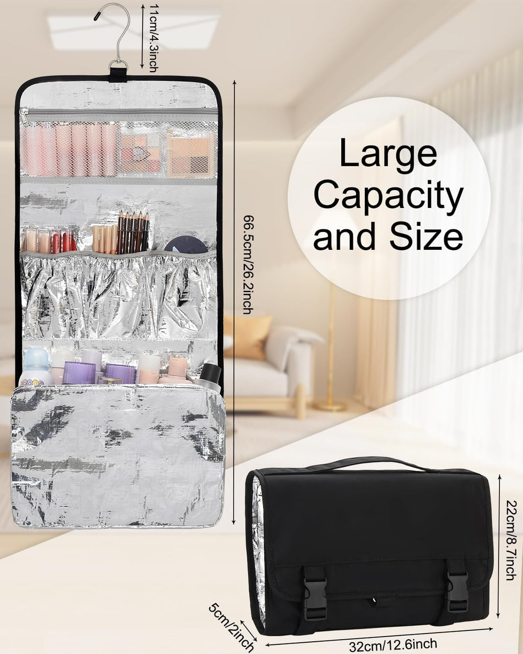 TANTO Travel Makeup Bag, Hanging Makeup Organizer Bag Lightweight Waterproof Large Cosmetic Case Black Toiletry Bag Portable Pouch for Makeup Accessories