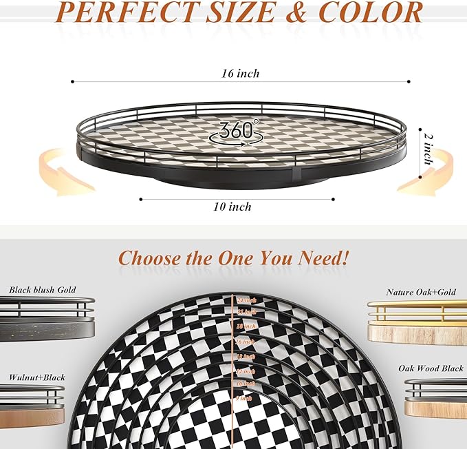 16" Black and White Kitchen Lazy Susan Turntable, Round Checkered Decorative Tray, Large Lazy Susan for Dining Table Centerpiece, Pantry, Kitchen, Bathroom, Countertop, Cupboard, Home Decor