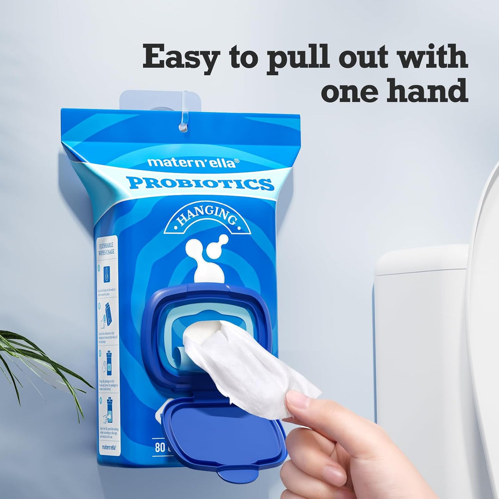 matern'ella Hanging Flushable Wipes Unscented Extra Large Corner-Connected Wet Wipes Adult Plant Based Fibers with Probiotics Alcohol Free Sewer Safe Butt Wipe Travel 8 Packs 640 Wipes