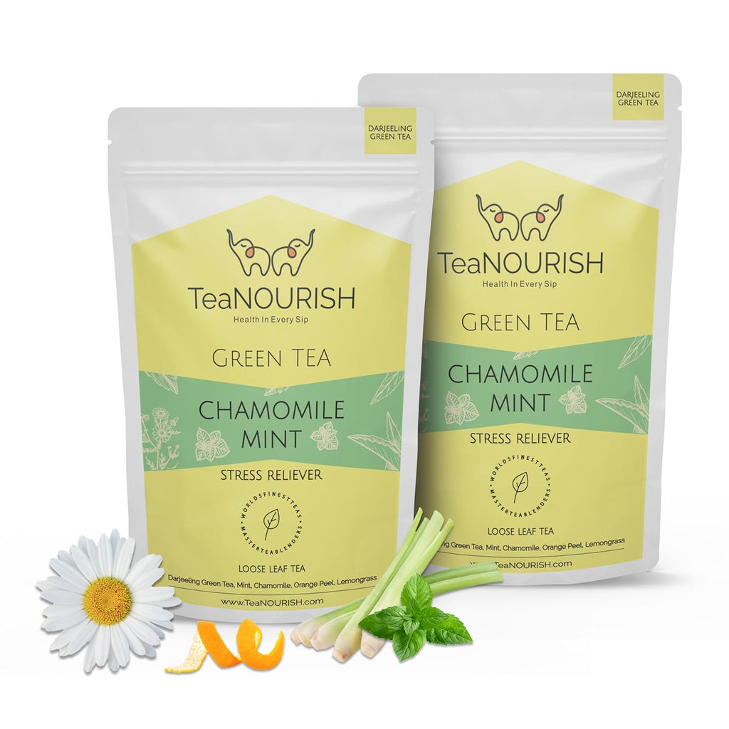 TeaNOURISH Chamomile Mint Green Tea | Darjeeling Loose Leaf Tea | 50 Cups Hot or Iced Tea - 3.53oz/100g (Pack of 2)