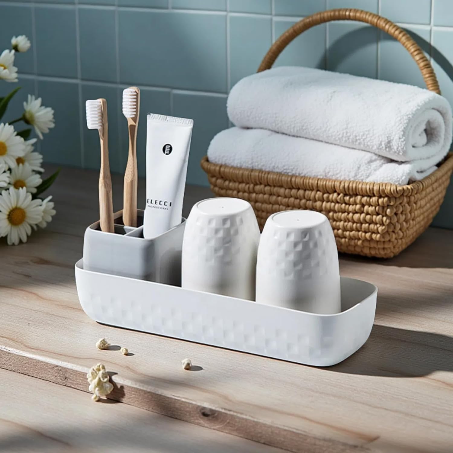 Toothbrush Holder Set - Toothbrush Holder for Bathroom Organizer, Electric Toothbrush & Toothpaste Holder, Bathroom Accessories Set, White & Grey