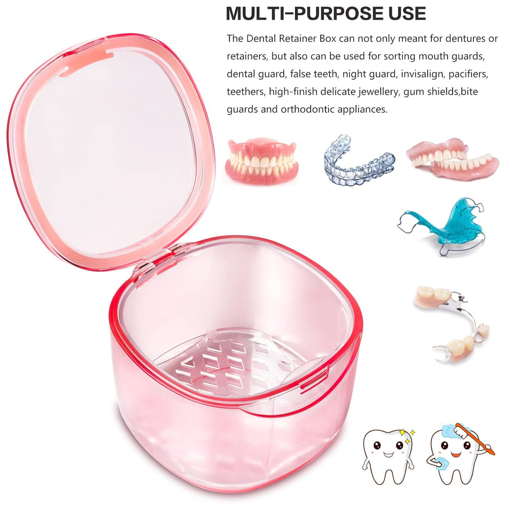 2022 Upgraded Denture Bath Box Cup, Retainer Cleaning Box, Complete Clean Care for Dentures, Denture Case - Second Generation (transparent pink)