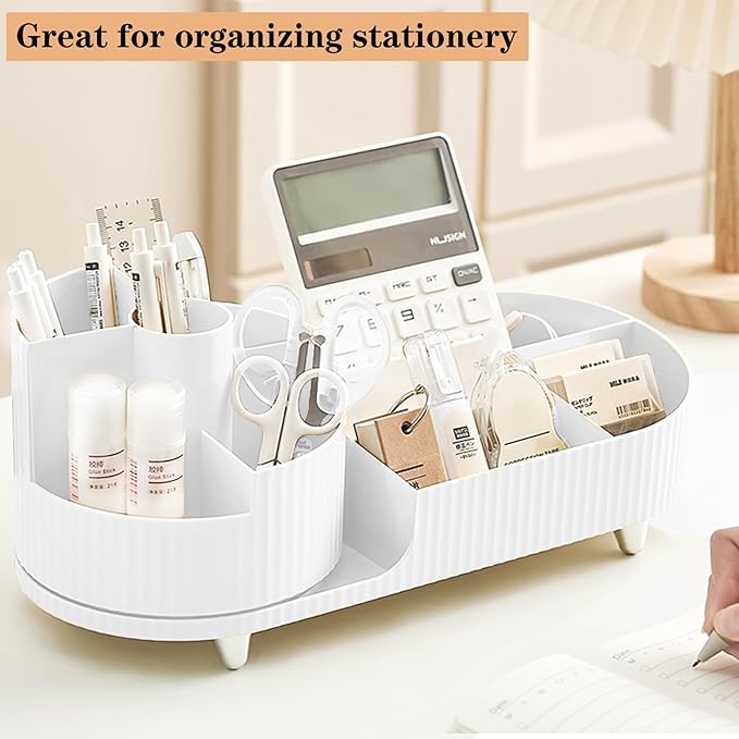 Rotating Vanity Organizer with Brush Holder, Large Spinning Makeup Skincare & Cosmetic Organizer, Countertop Perfume & Lotions Display Case (White)