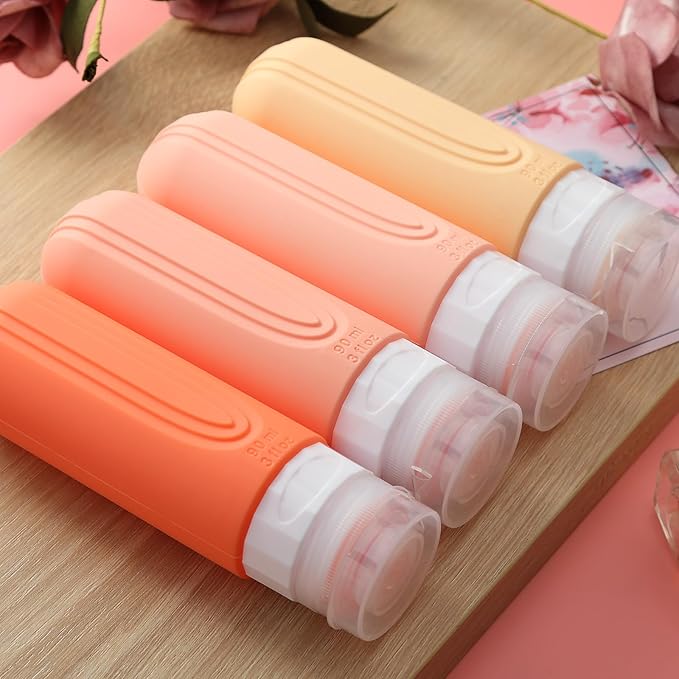 Travel Bottles for Toiletries, Tsa Approved 3oz Travel Size Containers BPA Free Leak Proof Refillable Liquid Silicone Squeezable Travel Accessories for Shampoo Conditioner Lotion (4 Pack)