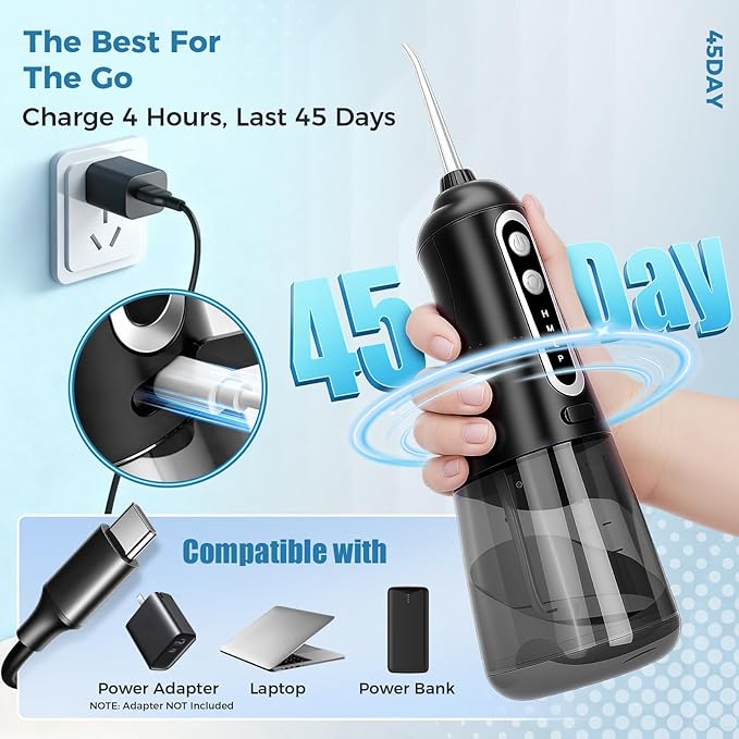 Water Dental Flosser Pick for Teeth, Cordless Oral Irrigator Cleaner 350ML IPX7 Waterproof Rechargeable, 4 Modes 4 nozzles, Portable Professional Flossing for Cleaning Gum Care Braces Home Travel