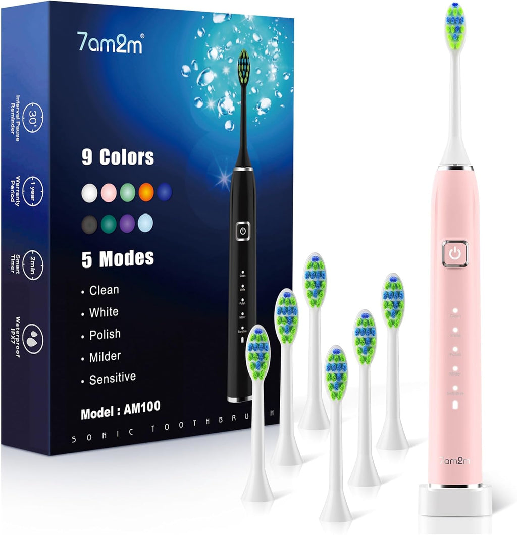 7AM2M Sonic Electric Toothbrush with 6 Brush Heads for Adults&Kids, One Charge for 120 Days, Wireless Fast Charge, 5 Modes, 40000VPM Powered Toothbrush, 2 Minutes Built in Smart Timer -Pink
