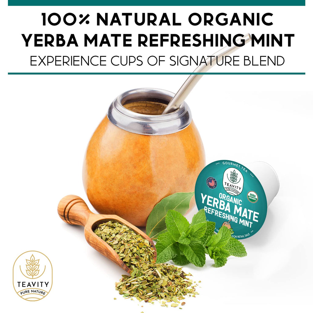 Organic Yerba Mate Refreshing Mint Tea Pods - Naturally Caffeinated Yerba Mate Tea Pod for Keurig Brewers by Teavity (36 Tea Pods)