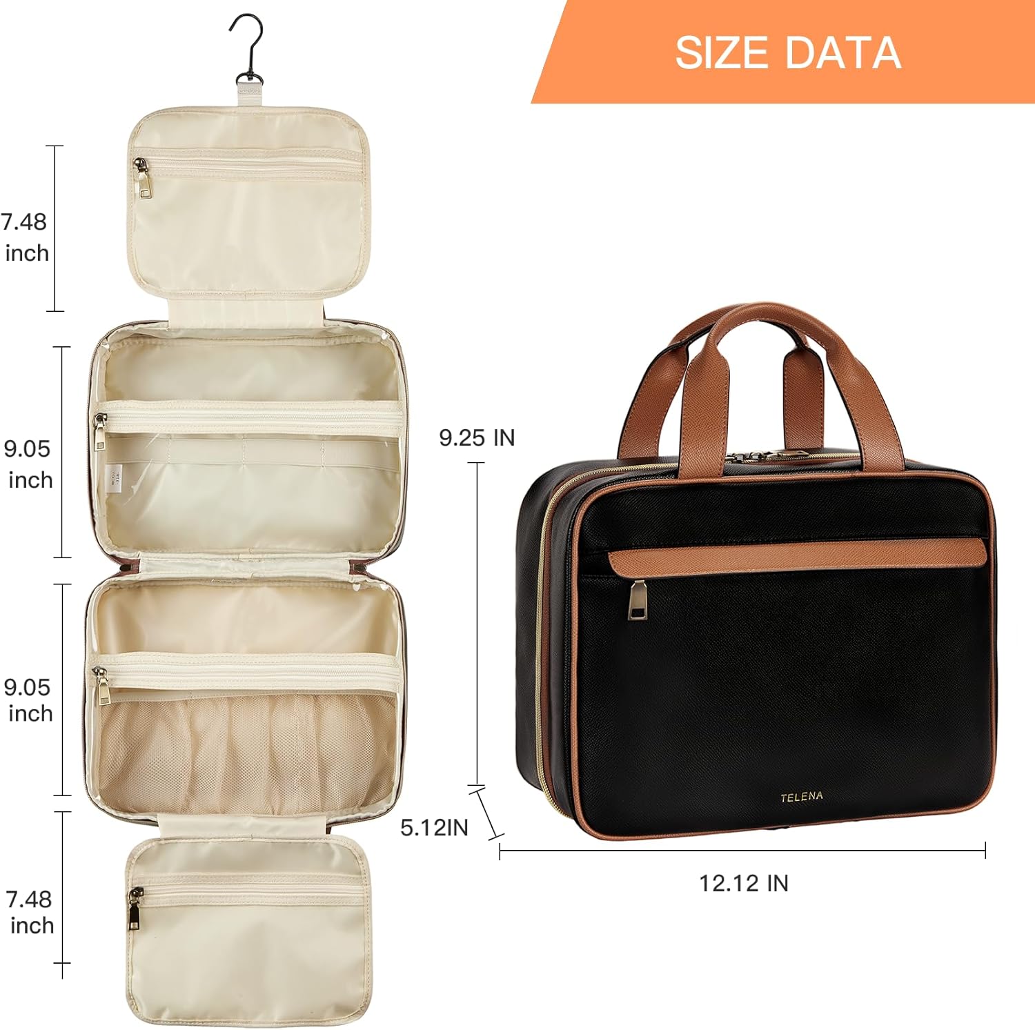 Telena Travel Toiletry Bag for Women with Hanging Hook, Water-resistant Cosmetic Bag Travel Organizer for Accessories, Toiletries, Shampoo