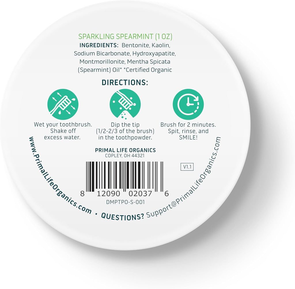 Primal Life Organics - Dirty Mouth Toothpowder, Tooth Cleaning Powder, Flavored Essential Oils with Natural Kaolin & Bentonite Clay, Good for 200+ Brushings, Paleo, Organic, Vegan (Spearmint, 1 oz)