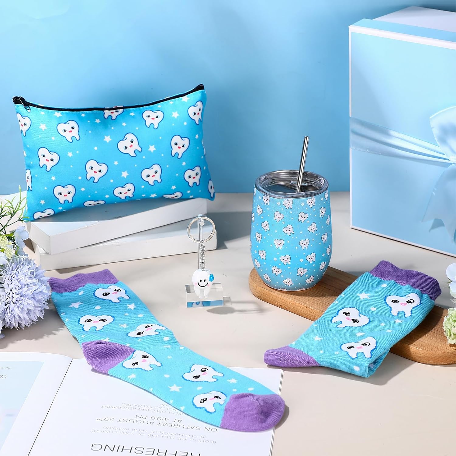 Sliner 4 Pcs Dental Assistant Gifts Set 12 oz Blue Teeth Stainless Steel Tumbler Cosmetic Bag Tooth Shape Keychain Novelty Tooth Sock Dental Hygienist Gifts for Nurse Dentist Christmas Graduation