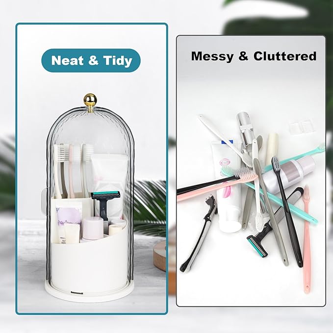 Toothbrush Holders with Sliding Lid, Rotating 3 Slots Bathroom Organizer Countertop, Tooth Brush Toothpaste Holder Bathroom Counter Stand Caddy for Vanity Makeup Brushes Holder (White)