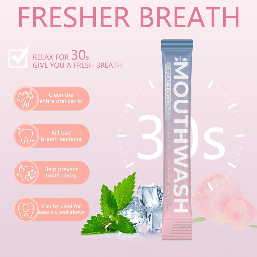 Travel Size Mouthwash, Peach Oolong Flavor, Alcohol-Free, 30-Pack Portable Packets, 0.5 Fl Oz Each, Long-Lasting Freshness (30)