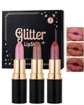 Metallic Glitter Lipstick Set Long Lasting,3 Pcs Diamond Shimmer Lip Gloss Pink Brown Red Rose Red Matte Lip Stick for Women,Sparkling Shiny Transfer Proof Non Stick Tinted Lip Balm Color Makeup-Set A