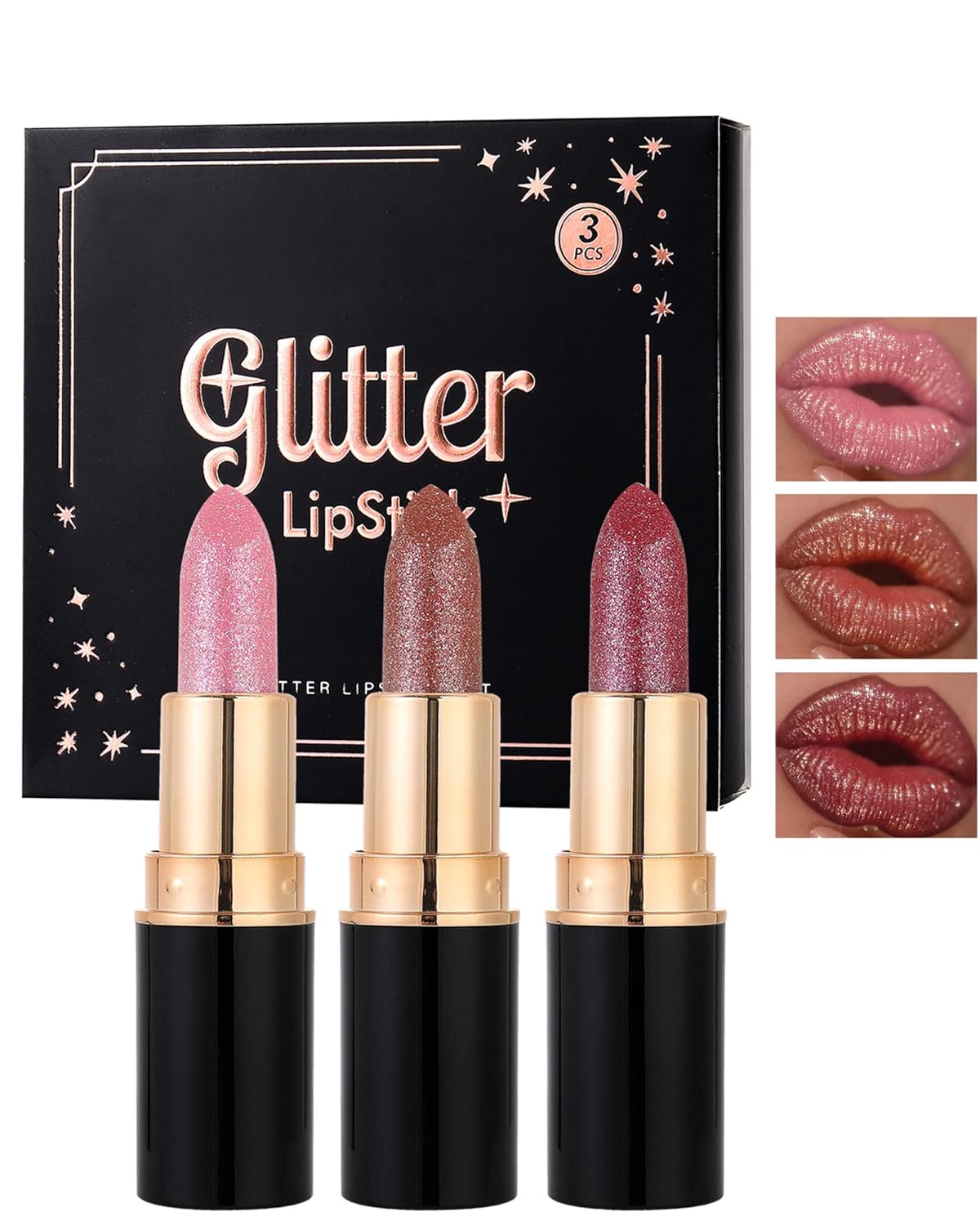 Metallic Glitter Lipstick Set Long Lasting,3 Pcs Diamond Shimmer Lip Gloss Pink Brown Red Rose Red Matte Lip Stick for Women,Sparkling Shiny Transfer Proof Non Stick Tinted Lip Balm Color Makeup-Set A