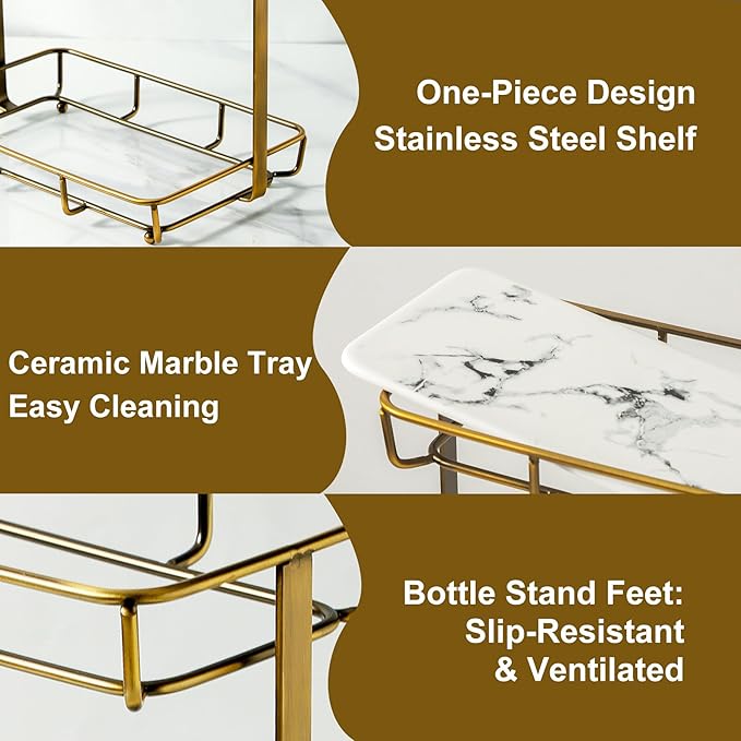 Bathroom Organizer Countertop Perfume Organizer Makeup Organizer Cosmetics Storage Display Rack Vanity Tray Dresser Stainless Steel Gold Shelf White Marble Ceramic Tray
