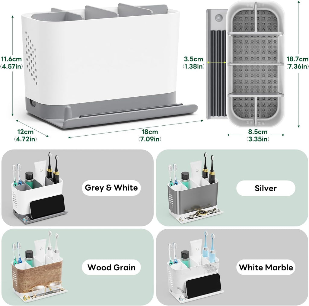 Toothbrush Holders for Bathrooms, Adjustable 6 Slots Electric Toothbrush and Toothpaste Holder, Cord-Friendly Detachable Bathroom Countertop Organizer with Front Ledge for Phone and Ring Holder
