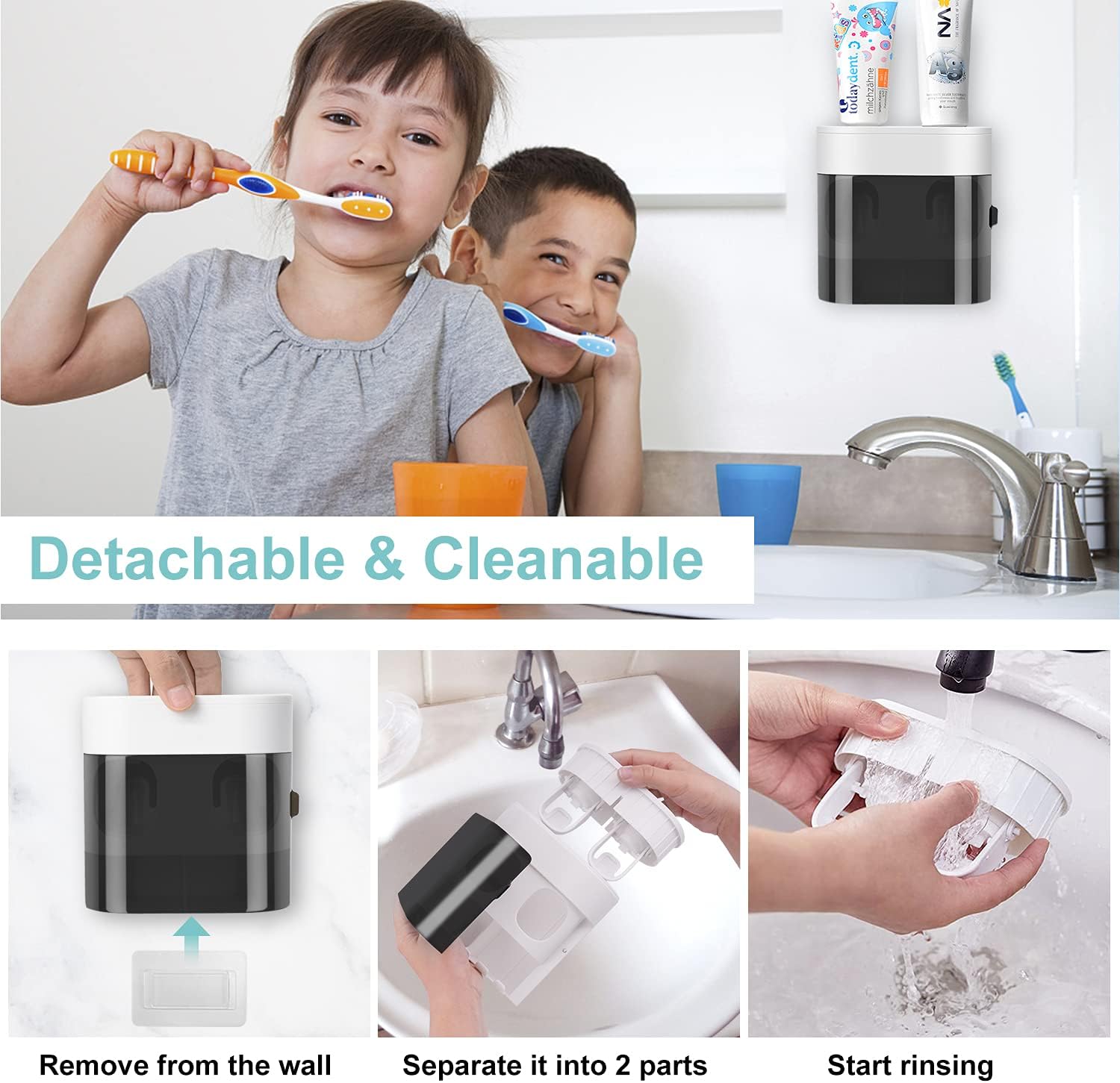 Toothbrush Holder Toothpaste Dispenser Wall Mounted with Cover, 4 Slots Tooth Brush Storage Organizer with Automatic Kids Toothpaste Squeezers for Shower Bathroom Black