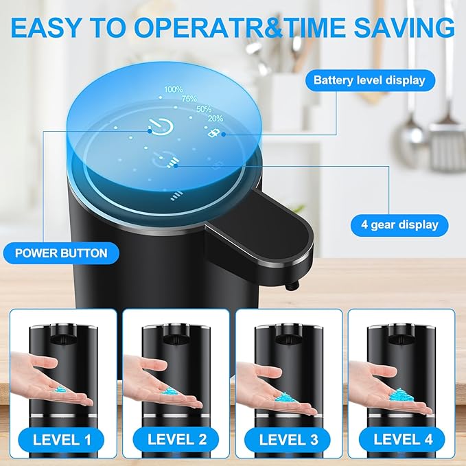 Automatic Soap Dispenser, Stainless Touchless Dispenser, 12.8 fl.oz. for Liquid Soap, 1200mAh Soap Dispensing Levels Wall Mounting for Kitchen Washbasin Bathroom Bathtub, Matte Black