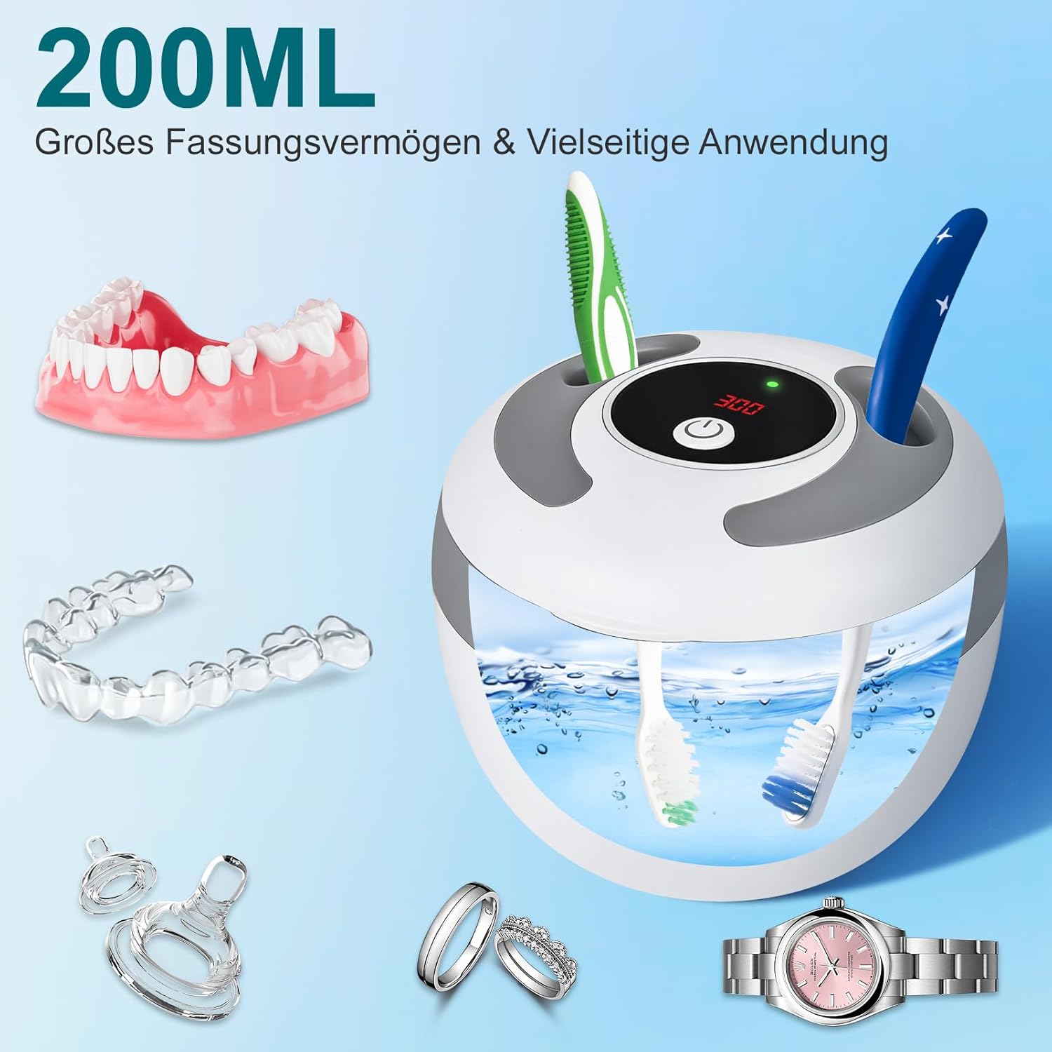 Ultrasonic Retainer Cleaner Machine, 45kHz 200ML Dental Cleaning Pod with 4 Wash Modes, Digital Timer for Denture Cleaner, Aligners, Mouth Guards, Braces, Jewelry & Toothbrush Heads (White)