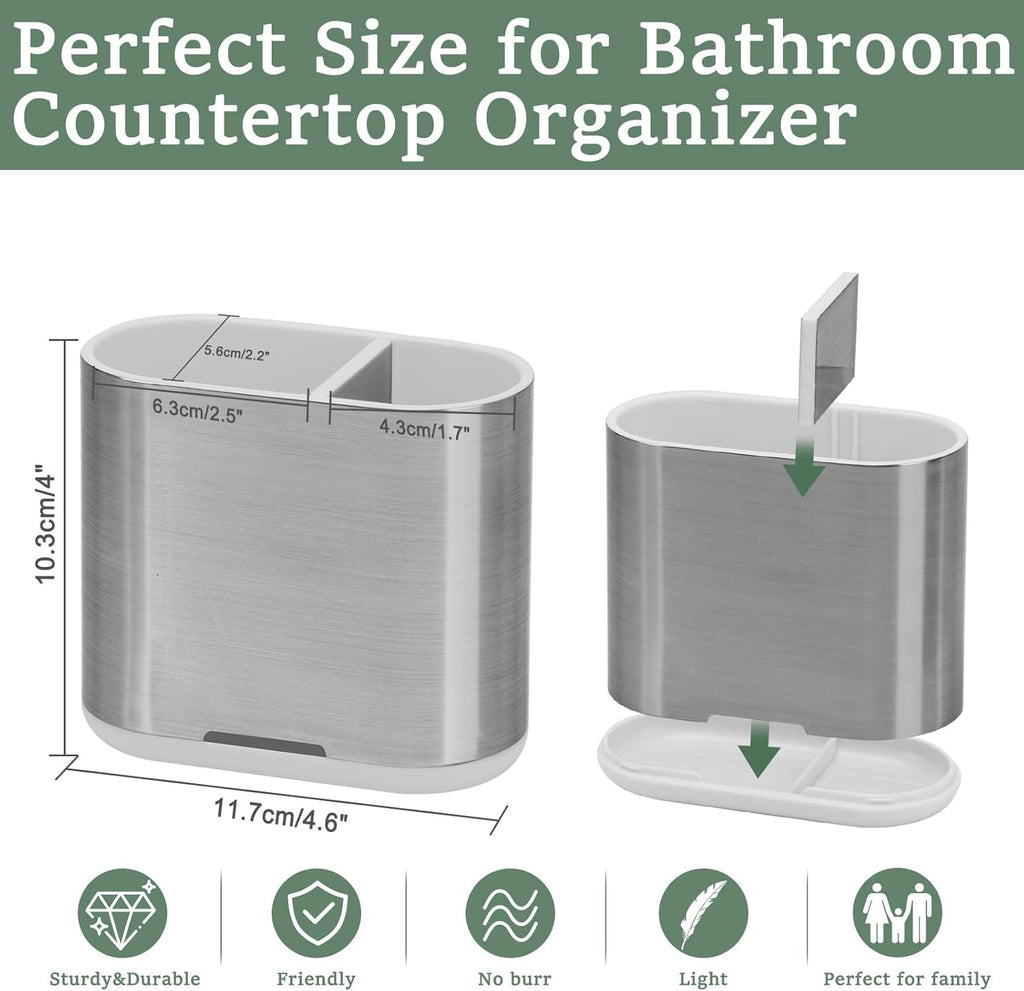 Toothbrush and Toothpaste Holder with Divider for Bathroom Countertop Organizer, 2 Slots Electric Toothbrush Holders Storage Caddy Drainage for Family, Kids (Brushed Silver)