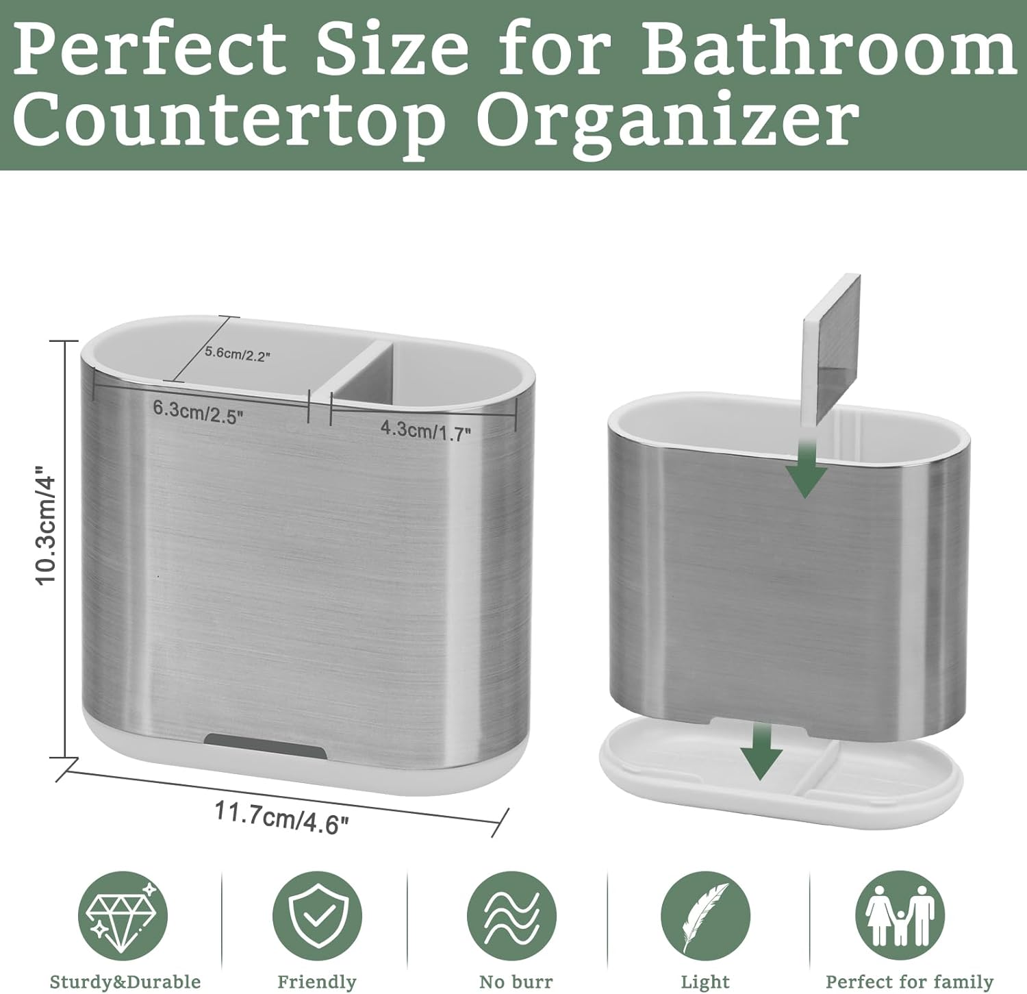 Toothbrush and Toothpaste Holder with Divider for Bathroom Countertop Organizer, 2 Slots Electric Toothbrush Holders Storage Caddy Drainage for Family, Kids (Brushed Silver)