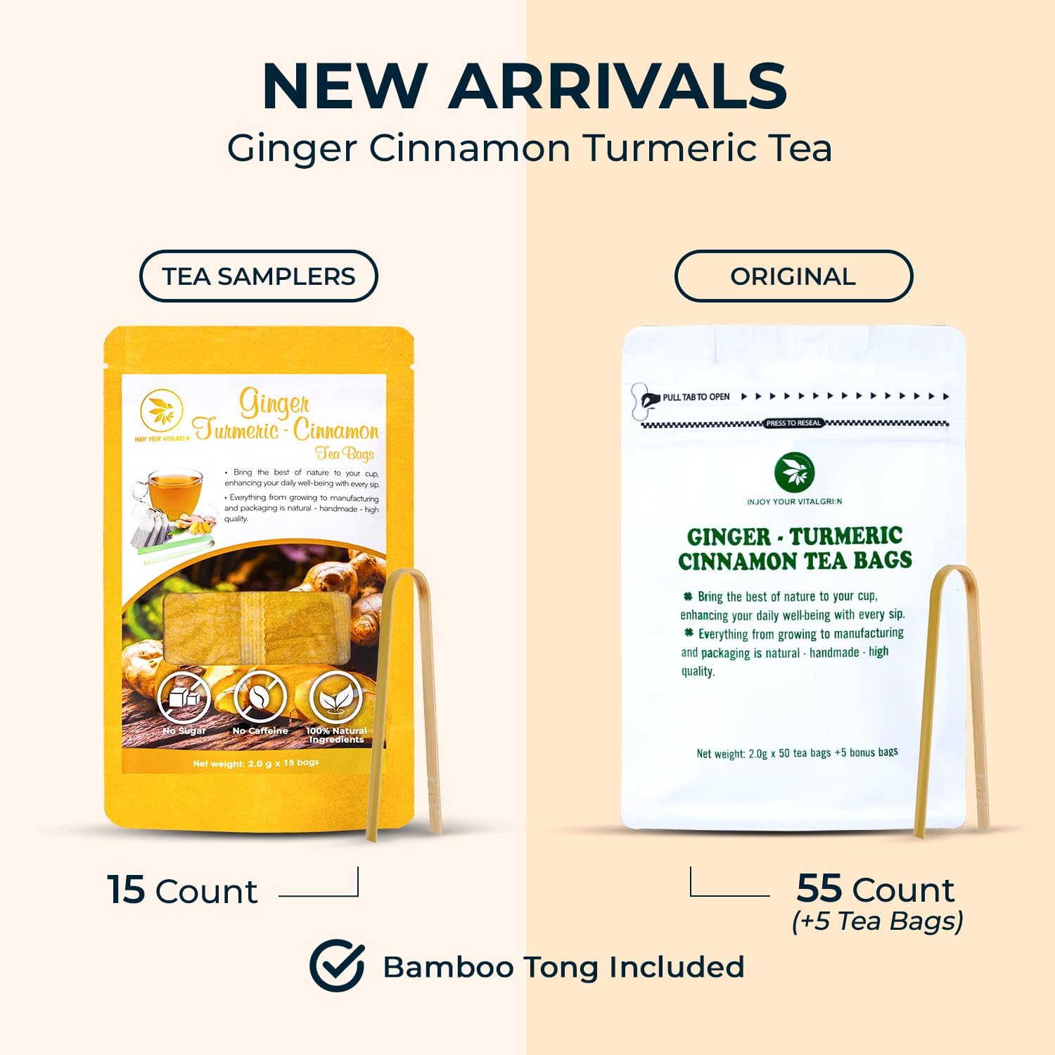 Ginger Cinnamon Turmeric Tea Bags with Bamboo Tong - 55 Count (+5 Count), 5.47 oz, Re-Steep Corn Based Tea Bags, No Sugar Added, Natural Herbal Tea for Body Warm, Relax, Refreshing