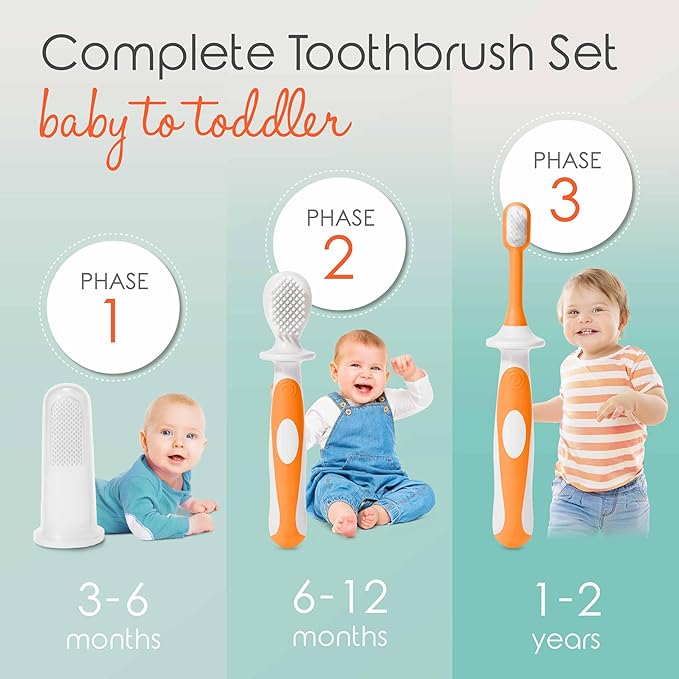 Cherish Baby Care Baby Toothbrush & Toddler Toothbrush Set (0-2 Years) - BPA-Free & Safety-Tested, 2023 Award Winner, Food-Grade Silicone (Orange)