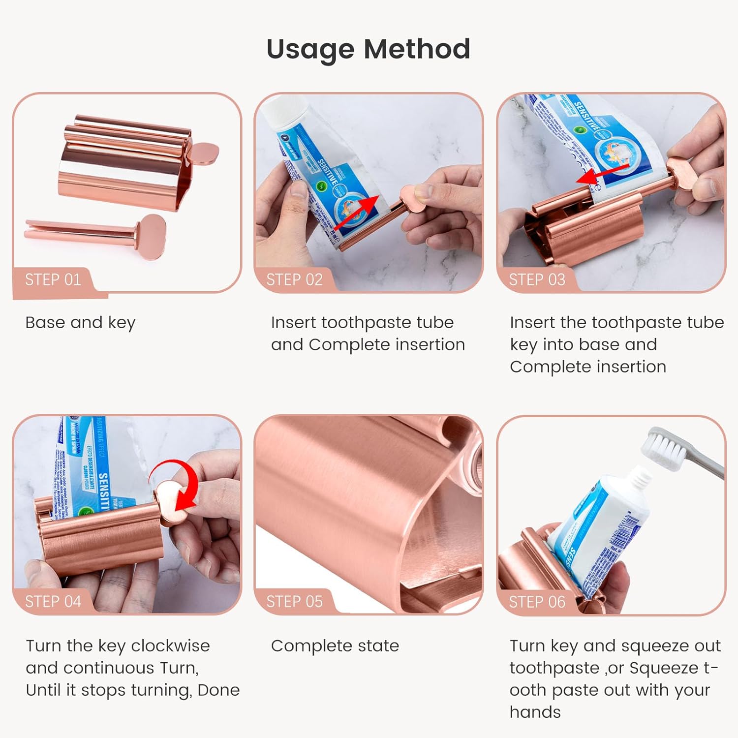 LOVEINUSA Toothpaste Tube Squeezer Dispenser, 2PCS Toothpaste Roller Squeezer Tool Metal Stainless Steel Tooth Paste Holder for Bathroom, Rose Gold
