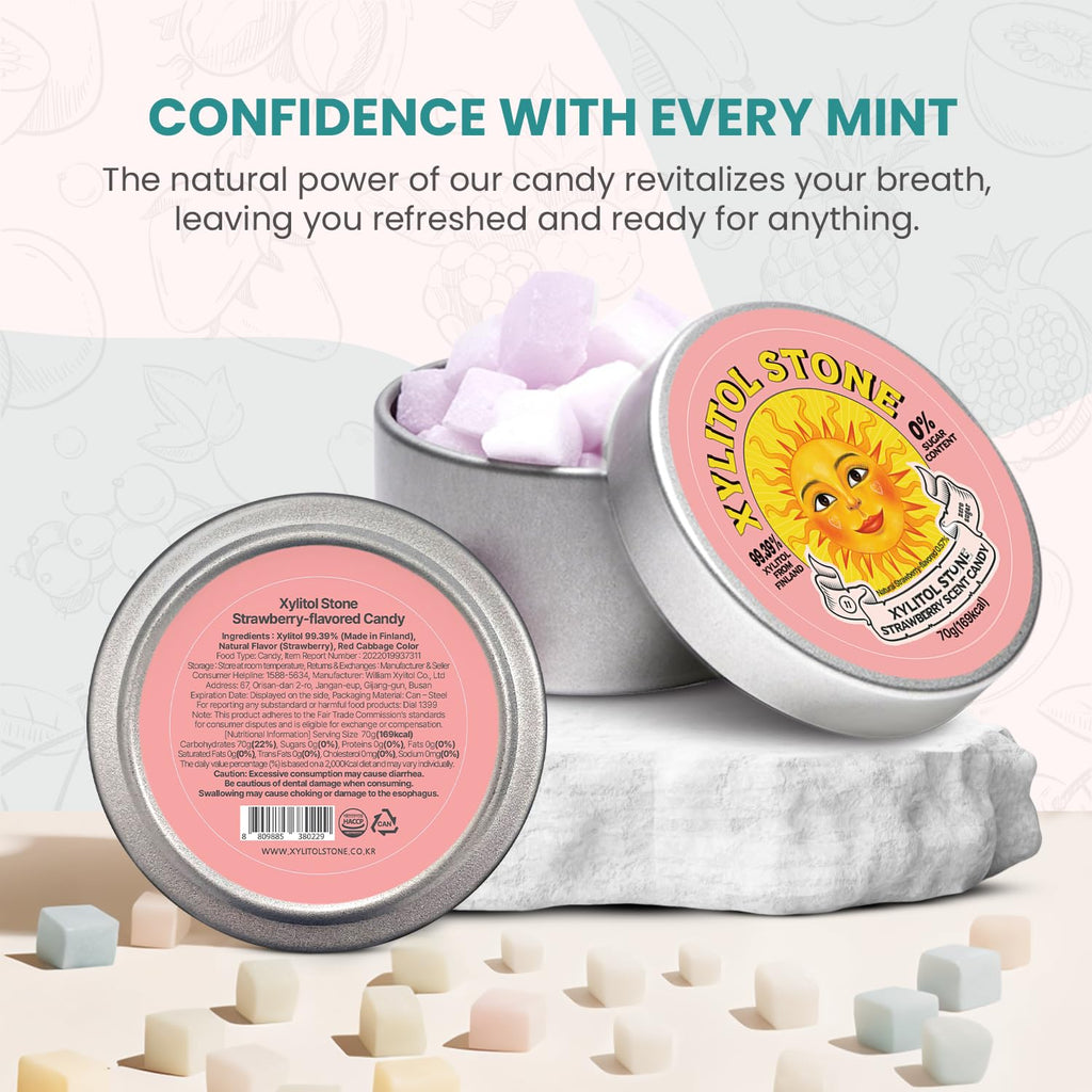 Xylitol Stone Sugar Free Candy - Vegan & Keto Friendly Unique Hard Candy Sugar-Free - 100% Natural Flavor Candies - Gluten Free & Non-GMO Breath Freshener Low Calorie Mints- Strawberry (Pack of 1)