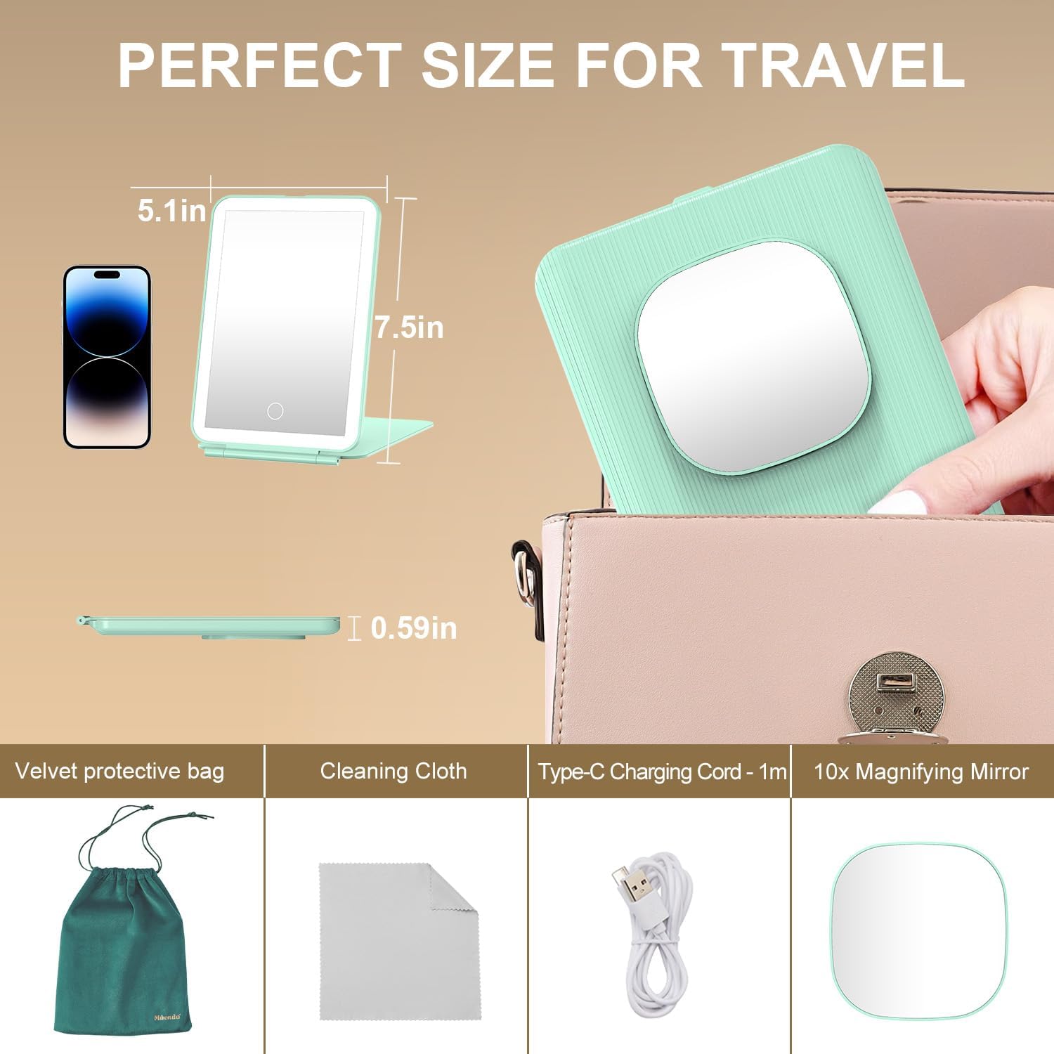 Mocado LED Foldable Travel Makeup Mirror - 5x7 inches3 Colors Light Modes USB Rechargeable Touch Screen, Portable Tabletop Cosmetic Mirror for Travel, Cosmetic, Office (Green)