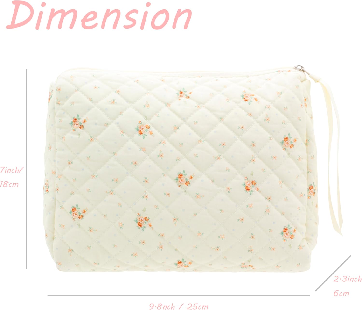 PAZIMIIK Quilted Makeup Bag Large Travel Zipper Soft Cosmetic Pouch for Women Girls Make Up,Floral White
