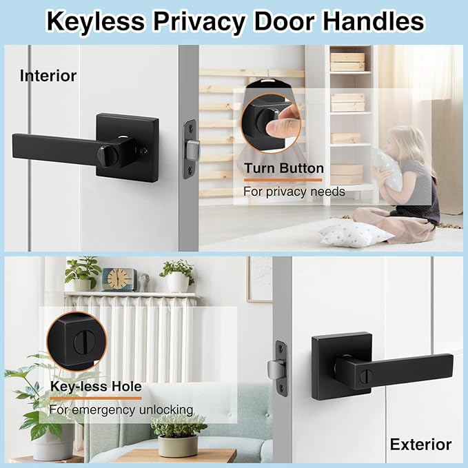 10 Pack Black Door Handle Interior Privacy Door Levers Set, Keyless Square Door Knob Lock for Bedroom or Bathroom, Heavy Duty Door Handles with Reversible Handle for Left Right Sided Doors