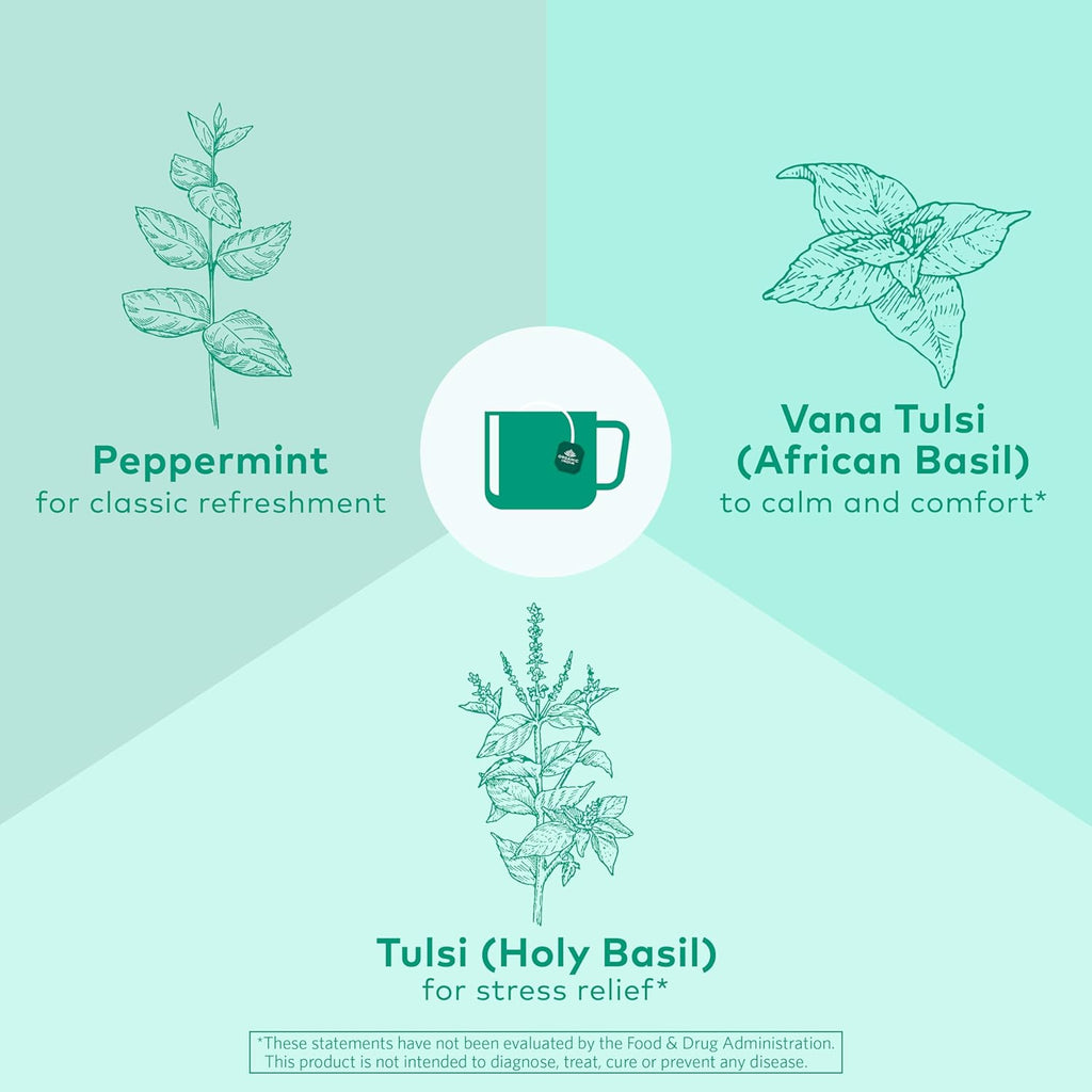 ORGANIC INDIA Tulsi Peppermint Tea - Caffeine Free Herbal Mint Tea - Stress Relieving Holy Basil, Immune & Digestion Support, Vegan, USDA Certified Organic, Fairtrade - 18 Infusion Bags, 3 Pack