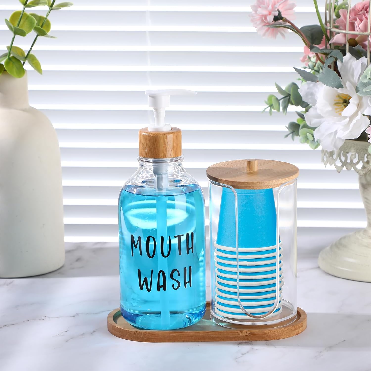 1 Set Mouthwash Dispenser for Bathroom 17 Oz Refillable Mouth Wash Pump Bottle Paper Cup Holder with Bamboo Lid and Tray Clear Mouthwash Container for Bathroom Vanity Kitchen Sink