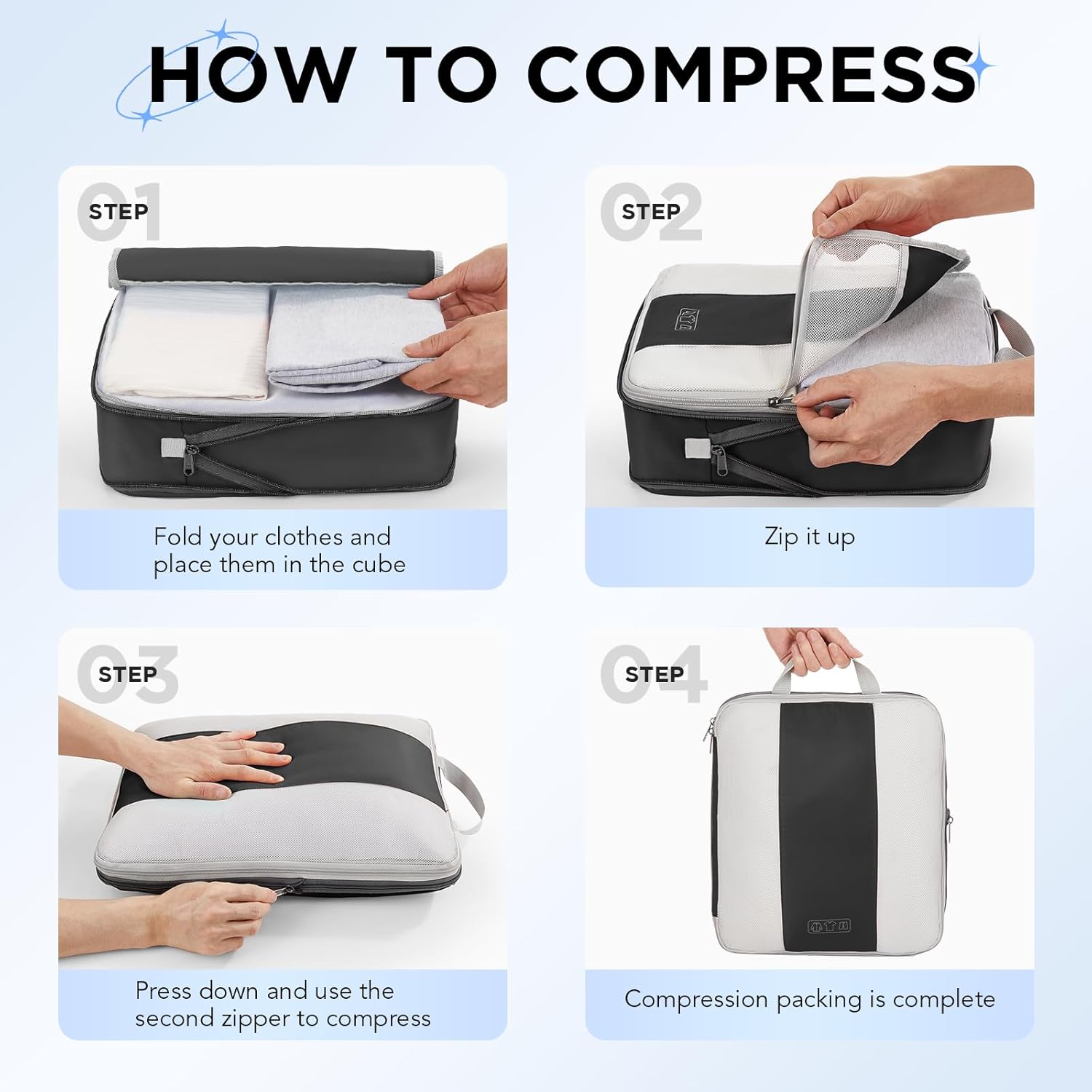 2 Set Compression Packing Cubes for Travel Essentials,Compressible Expandable Packing Cubes for Suitcase,OlarHike Luggage Organizer Bags for Travel,Handy Helper for Organizing Clothes(Black)