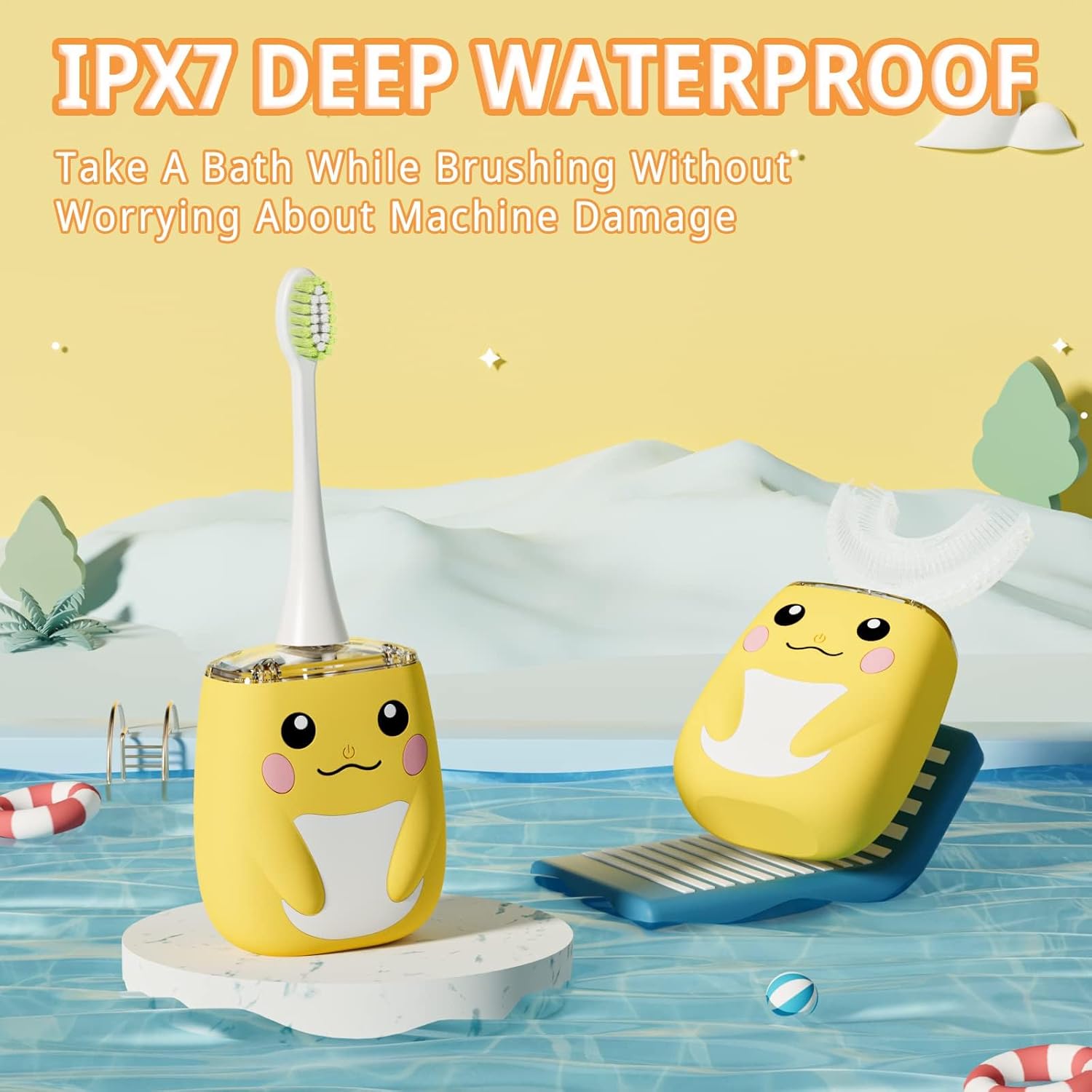 Kids Electric U Shaped Toothbrush Children Rechargeable Sonic Toothbrush with 6 Soft Brush Head Automatic Full Mouth 6 Cleaning Modes -Age8-15 Yellow