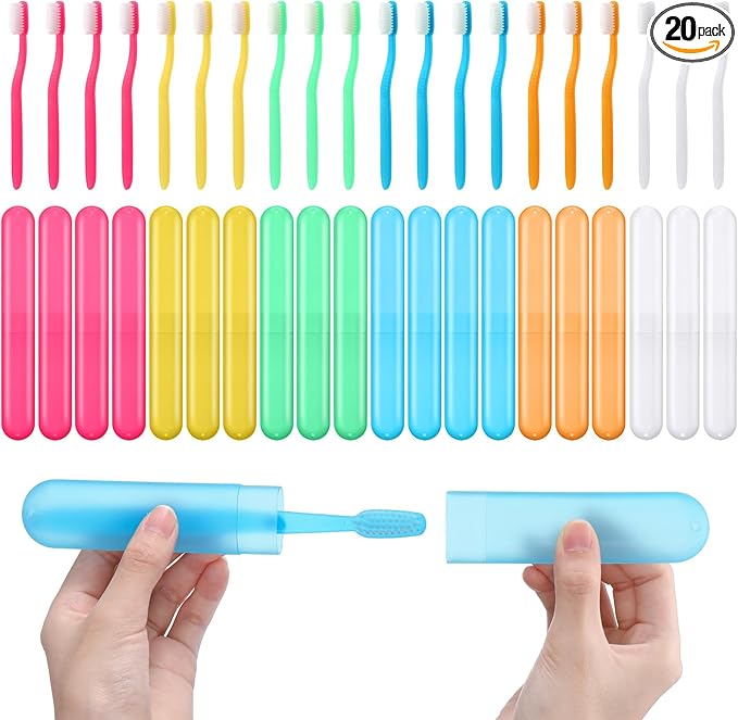 LemonRoad 20 Sets Travel Toothbrush Sets Disposable Toothbrush with Individual Portable Case Individually Wrapped Tooth Brush with Cases for Homeless Supplies Travel Camping Hotel(Candy)