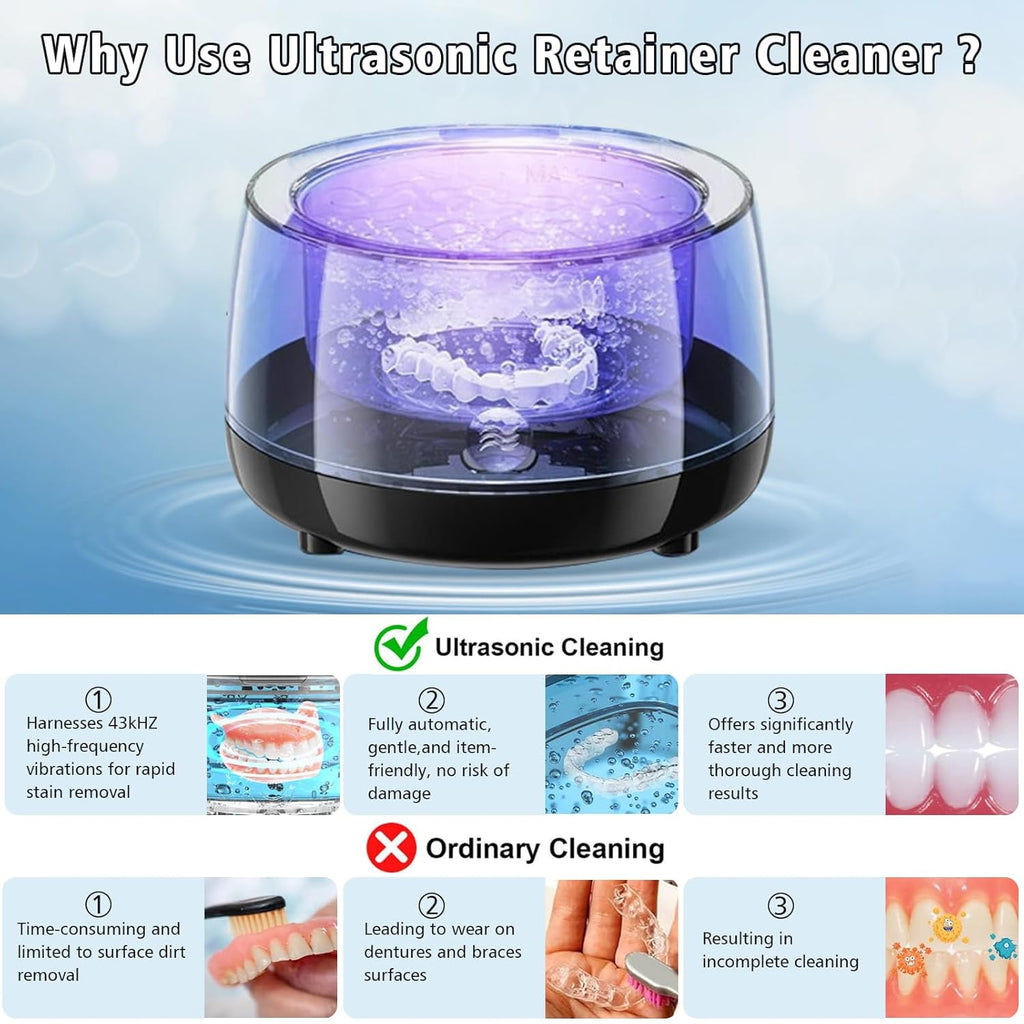 Ultrasonic Retainer Cleaner, 43kHz Ultrasonic Denture Cleaner Jewelry Cleaning Machine Eyeglass Cleaner for Watches Dentures Ring Razor Makeup Brush