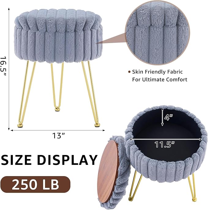 Wimarsbon Vanity Stool with Storage, Faux Fur Ottoman Chair with Metal Legs, Round Makeup Vanity Chair for Bedroom or Dressing Table, Modern Small Ottoman Seat (Grey)