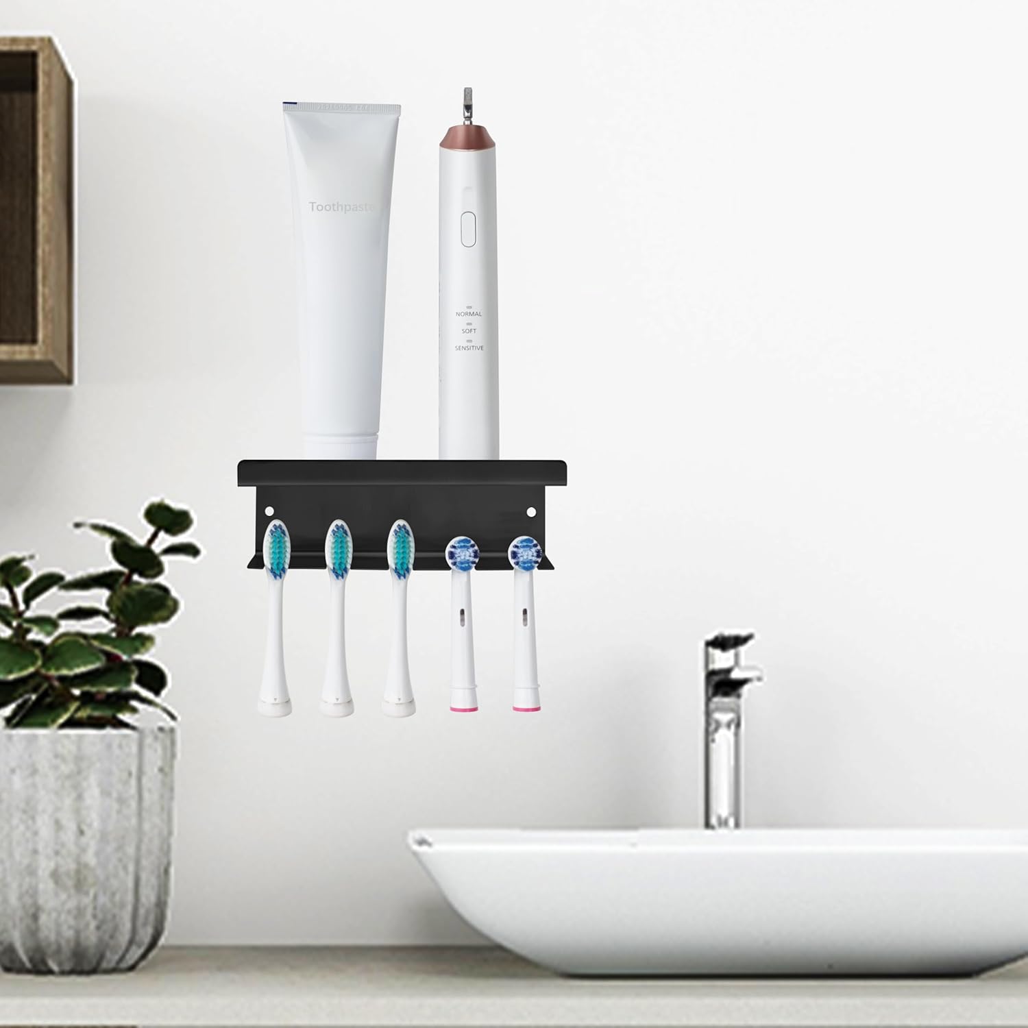 Stainless Steel Toothbrush Holder Wall Mounted - No Drill Bathroom Organizer with 3M Adhesive & Screws, 5-Slot Razor & Electric Toothbrush Holder, Rustproof for Wet Spaces (Black, 18/8 304 Grade)