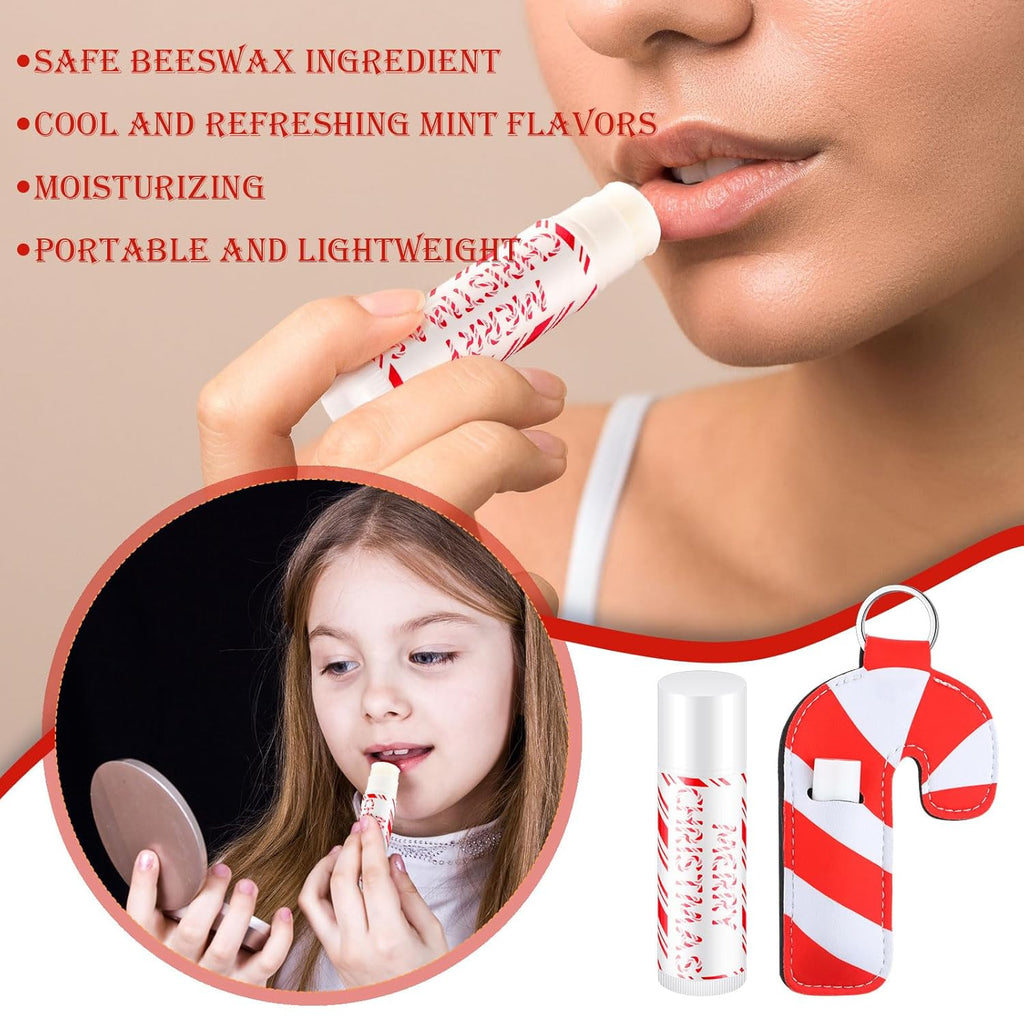 36 Pcs Christmas Lip Balm Lipstick Holder Keychain Bulk Candy Cane Merry Christmas Party Gifts Stocking Stuffers Peppermint Flavor Lip Care Moisturizing for Xmas Coworker Employee Family Gifts