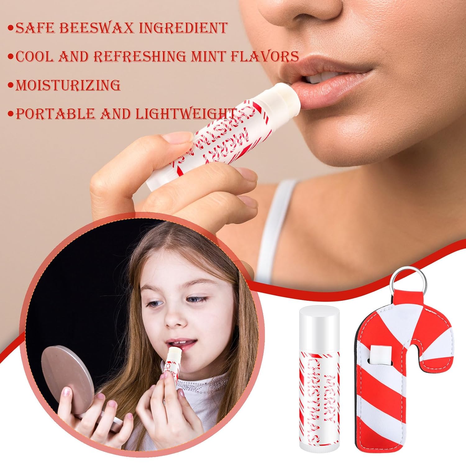 36 Pcs Christmas Lip Balm Lipstick Holder Keychain Bulk Candy Cane Merry Christmas Party Gifts Stocking Stuffers Peppermint Flavor Lip Care Moisturizing for Xmas Coworker Employee Family Gifts
