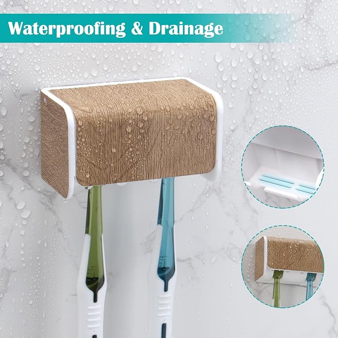 2 PCS Toothbrush Holders Wall Mounted with Cover, Electric Tooth Brushing Holder for Bathroom, 2 Slots Self Adhesive Toothbrush Organizer, Toothbrush Stand for Family, Kids (2, Wood Grain)