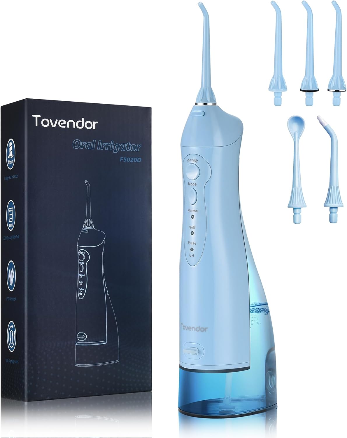 TOVENDOR Electric Water Flosser, Cordless Rechargeable Dental Oral Irrigator IPX7 Waterproof 300ML Travel Water Teeth Cleaner with 5 Tips for Braces Care Teeth Gums Cleaning, Home Office Daily Use