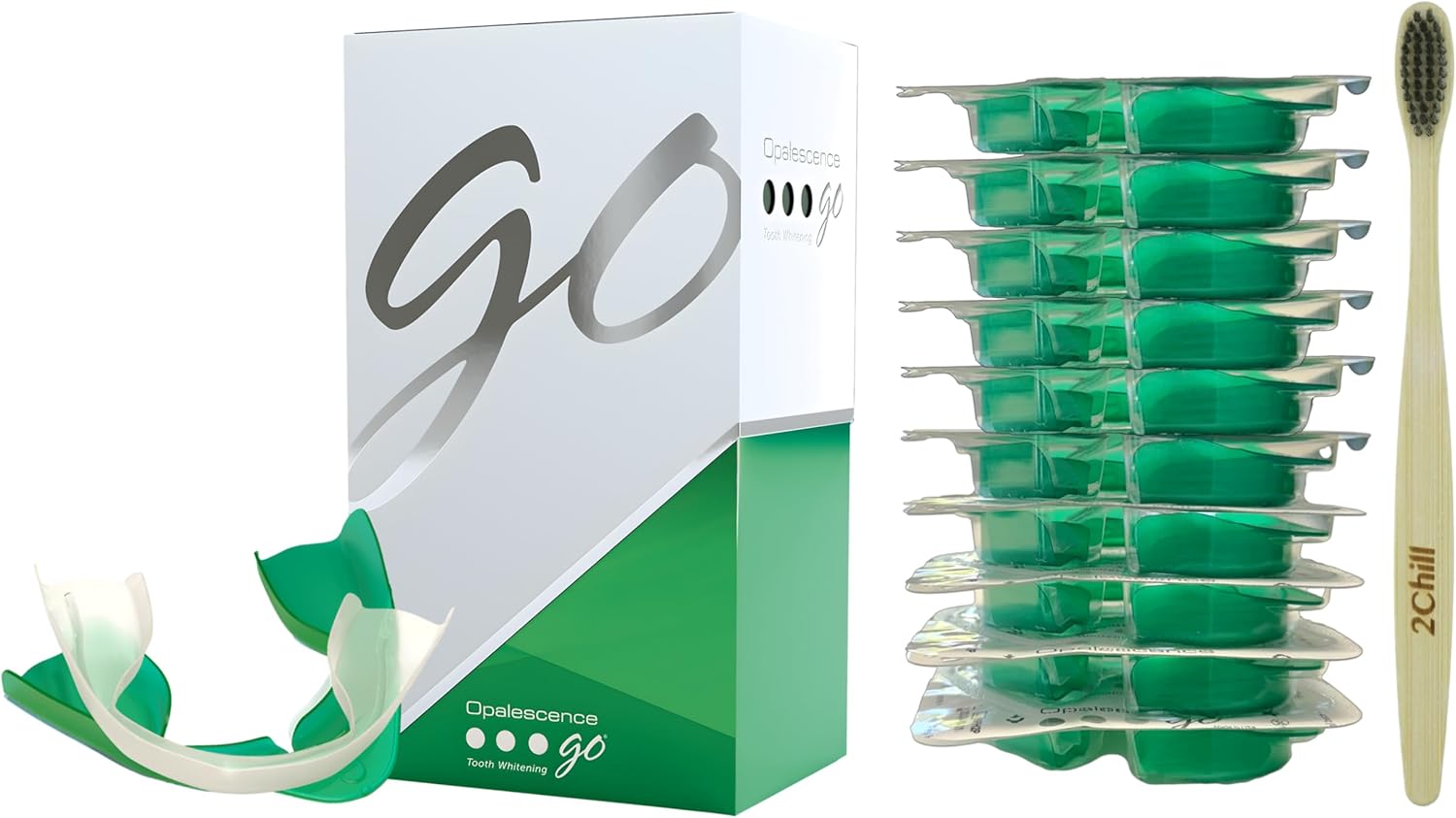 Opalescence Go 15% Mint - Prefilled Teeth Whitening Trays - 15% Hydrogen Peroxide - (10 Treatments) Made by Ultradent Products. Teeth Whitening Kit -Mint - Includes 2Chill Toothbrush 5194-1T